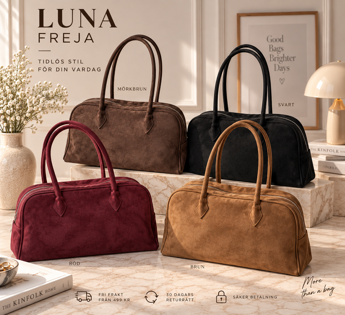 LUNA FREJA – Rymlig retro axelväska i mockaimitation