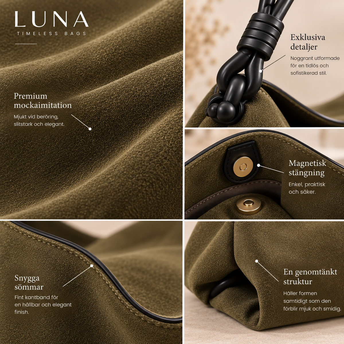 LUNA hobo-väska i äkta läder – detaljer och finish