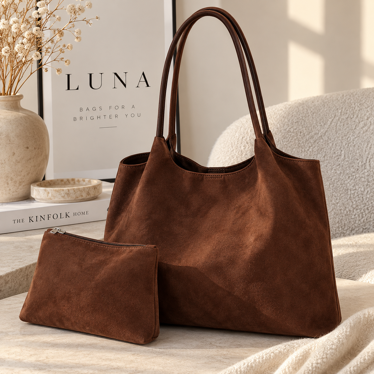 LUNA VILMA stor axelväska i mockaimitation brun – lifestyle