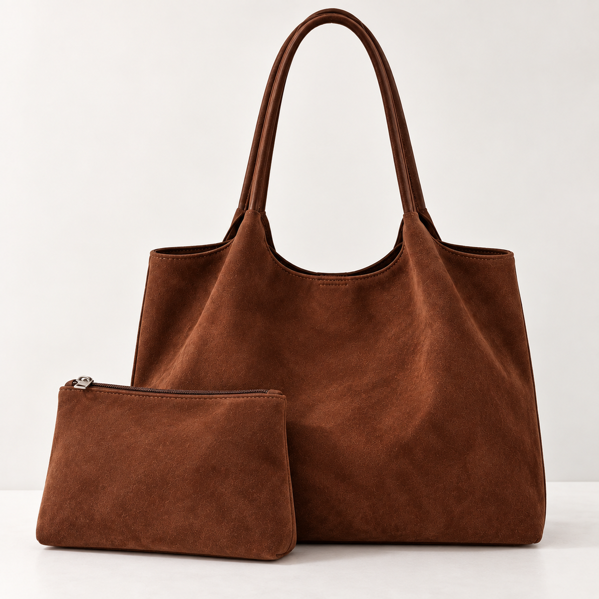 LUNA VILMA brun – stor axelväska i mockaimitation med pochette assortie